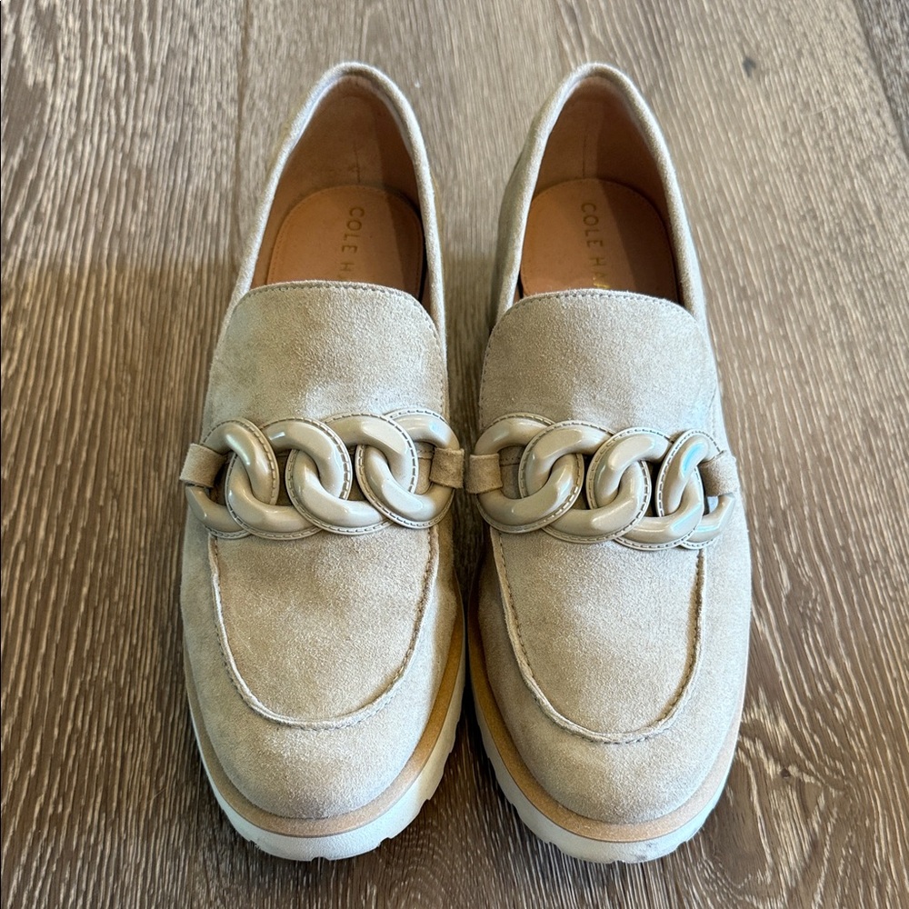 Cole Haan Light Tan Suede Loafers with Chain Accent